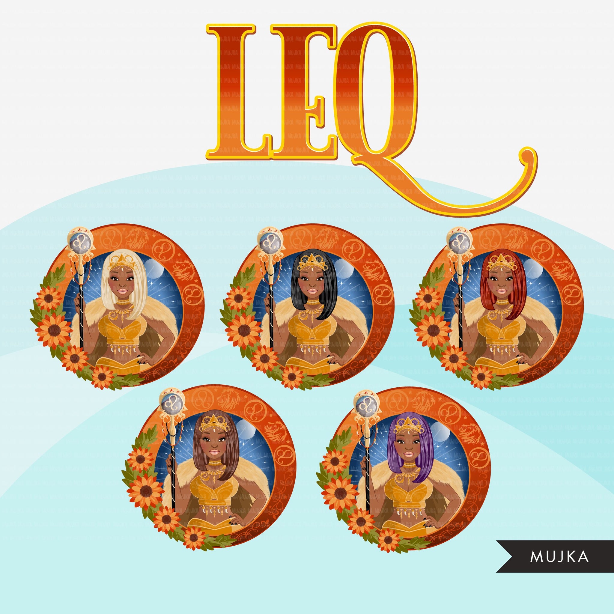 Zodiac Leo Clipart, Png digital download, Sublimation Graphics for Cricut & Cameo, Black straight hair Woman Horoscope sign designs