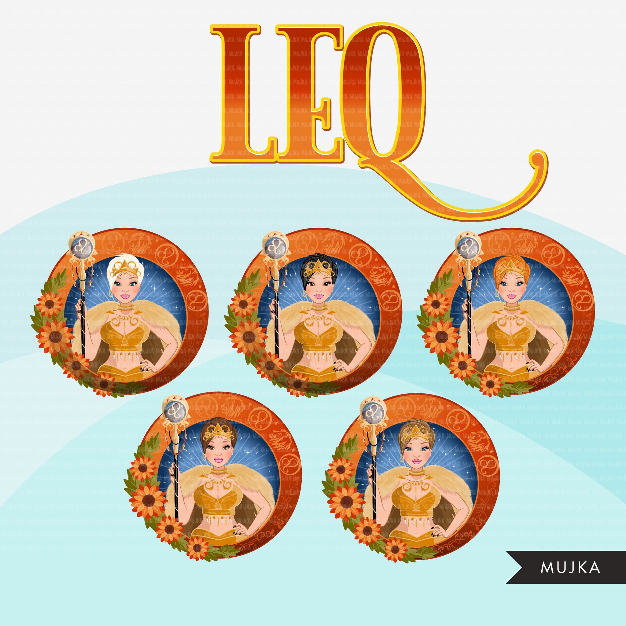 Zodiac Leo Clipart, Descarga digital Png, Gráficos de sublimación para Cricut &amp; Cameo, diseños de signos del horóscopo de mujer de pelo de duendecillo caucásico
