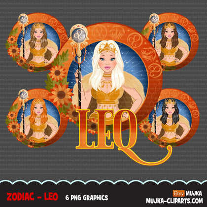 Zodiac Leo Clipart, Png digital download, Sublimation Graphics for Cricut & Cameo, Caucasian long hair Woman Horoscope sign designs