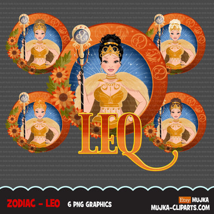 Zodiac Leo Clipart, Png digital download, Sublimation Graphics for Cricut & Cameo, Caucasian updo hair Woman Horoscope sign designs