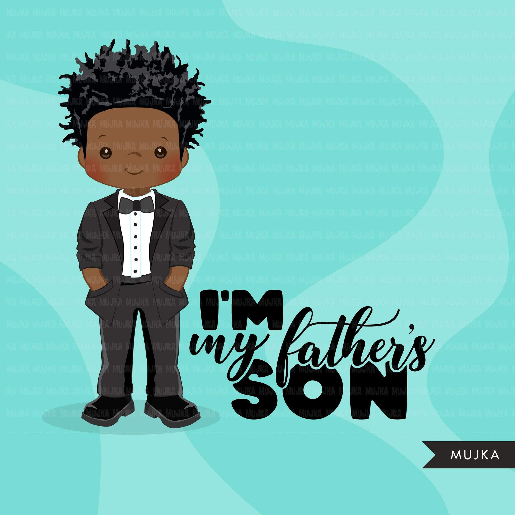 Clipart do Dia dos Pais, menino negro com smoking, citação de filho do meu pai, gráficos do pai, uso comercial PNG clip art