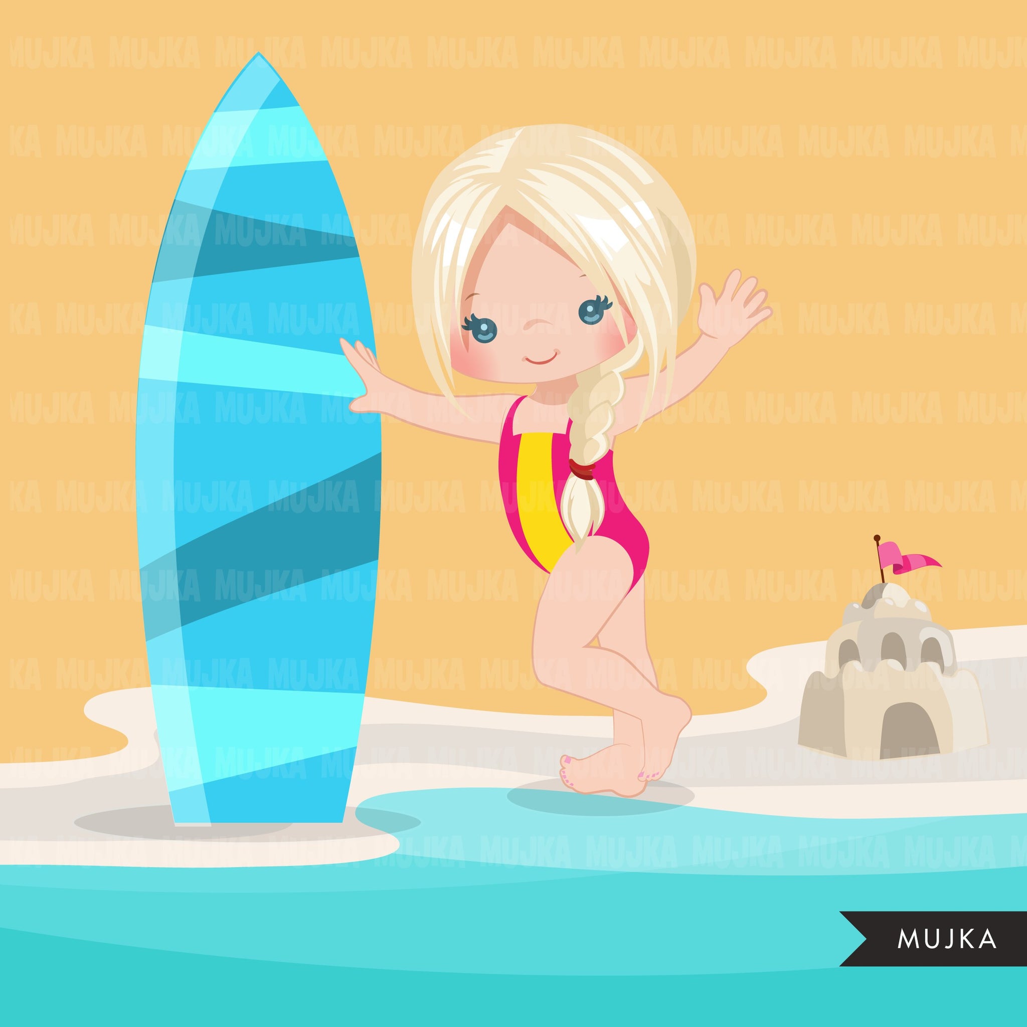 Beach Fun Clipart for Girls, Summer Swimsuit Graphics, surf board, beach ball, sublimation Png digital clip art