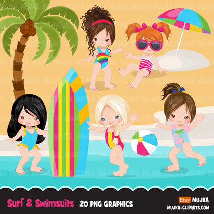 Beach Fun Clipart for Girls, Summer Swimsuit Graphics, surf board, beach ball, sublimation Png digital clip art