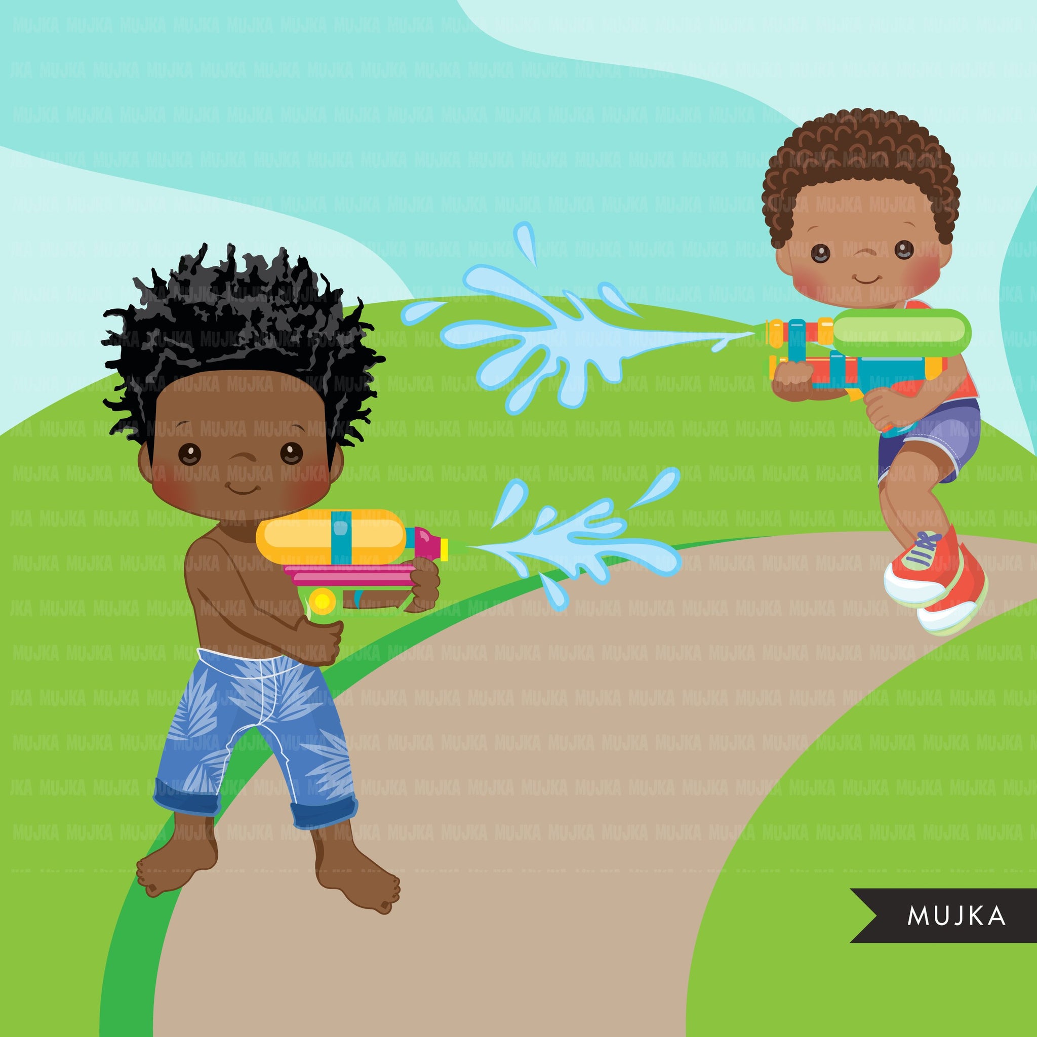 Water gun fight clipart, boys, black boys outdoors water balloon fight, summer birthday graphics, commercial use PNG clip art