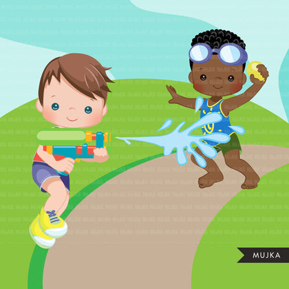 Water gun fight clipart, boys, black boys outdoors water balloon fight, summer birthday graphics, commercial use PNG clip art
