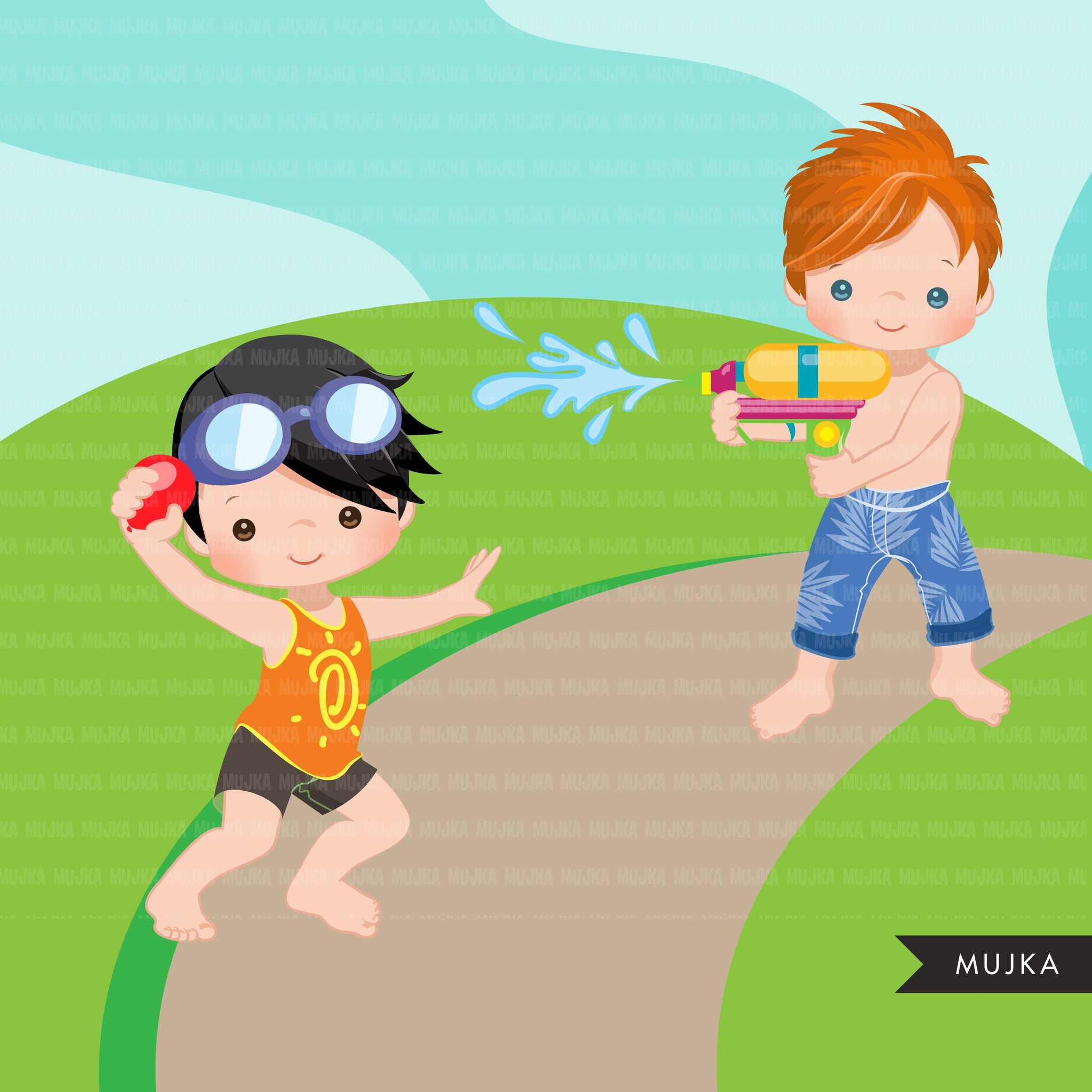 Water gun fight clipart, boys, black boys outdoors water balloon fight, summer birthday graphics, commercial use PNG clip art