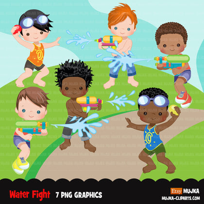 Water gun fight clipart, boys, black boys outdoors water balloon fight, summer birthday graphics, commercial use PNG clip art