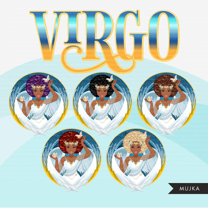 Zodiac Virgo Clipart, Png digital download, Sublimation Graphics for Cricut & Cameo, Black Afro Woman Horoscope sign designs