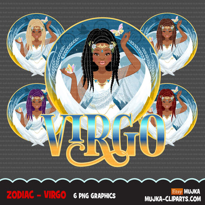 Zodiac Virgo Clipart, download digital Png, gráficos de sublimação para Cricut e Cameo, designs de signos de horóscopo de mulheres com tranças pretas