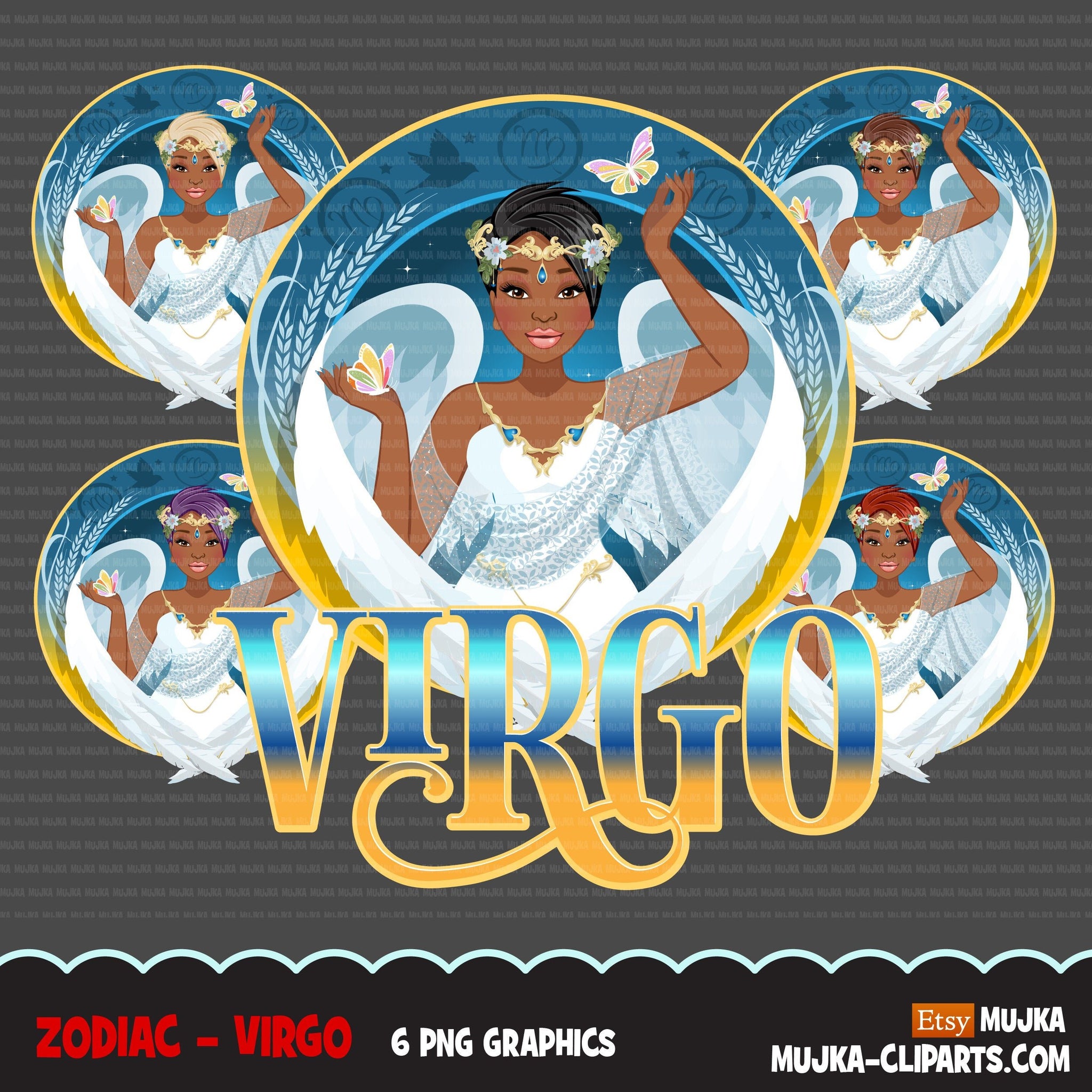 Zodiac Virgo Clipart, Png digital download, Sublimation Graphics for Cricut & Cameo, Black pixie hair Woman Horoscope sign designs