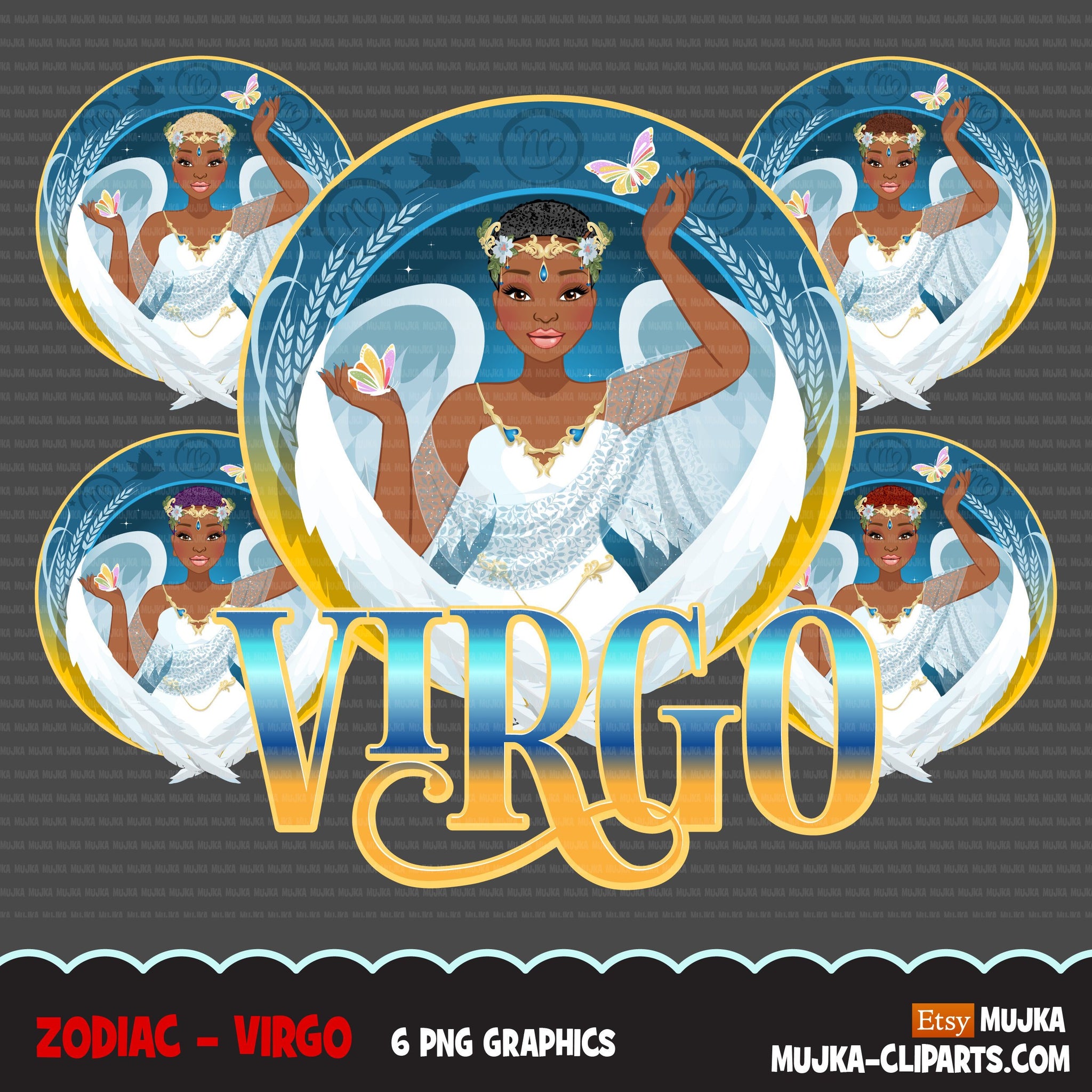 Zodíaco Virgem Clipart, download digital Png, gráficos de sublimação para Cricut e Cameo, designs de signos do horóscopo da mulher negra