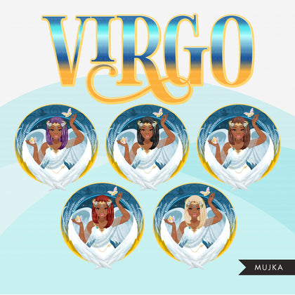 Zodiac Virgo Clipart, Png digital download, Sublimation Graphics for Cricut & Cameo, Black long hair Woman Horoscope sign designs