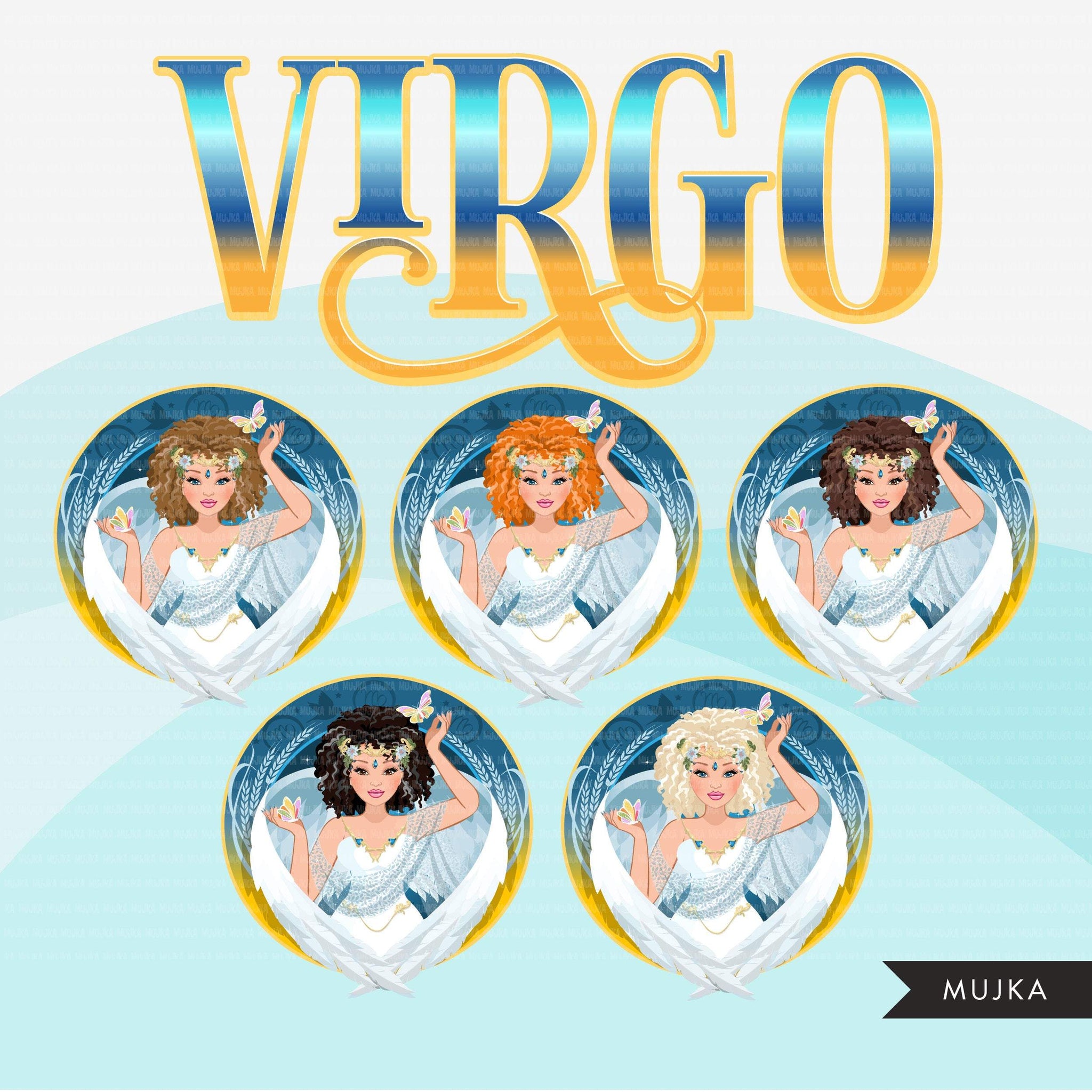 Zodiac Virgo Clipart, Png digital download, Sublimation Graphics for Cricut & Cameo, Caucasian curly hair Woman Horoscope sign designs