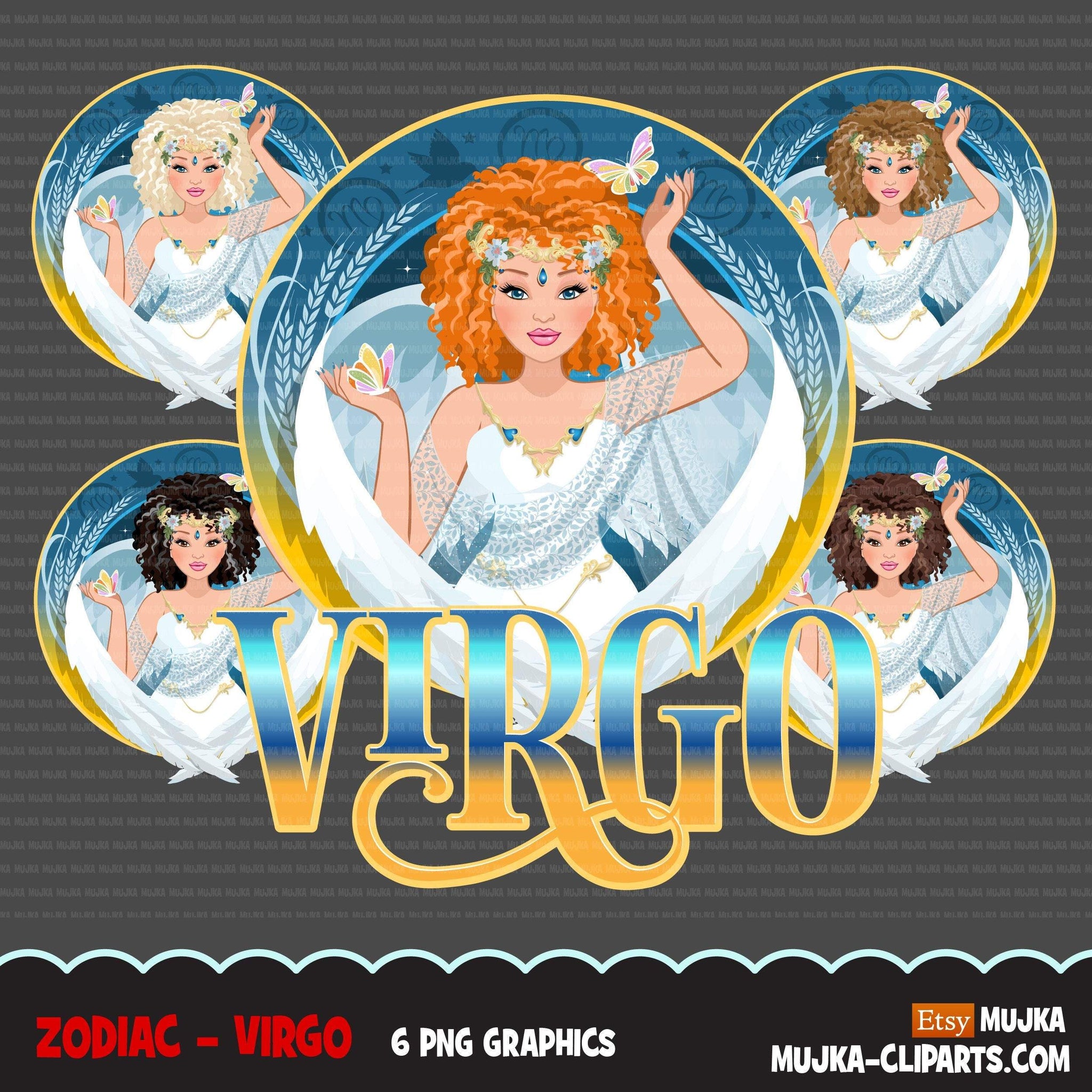 Zodiac Virgo Clipart, Descarga digital Png, Gráficos de sublimación para Cricut &amp; Cameo, diseños de signos del horóscopo de mujer de cabello rizado caucásico