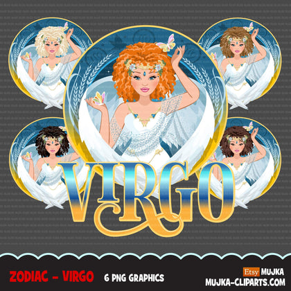 Zodiac Virgo Clipart, Png digital download, Sublimation Graphics for Cricut & Cameo, Caucasian curly hair Woman Horoscope sign designs