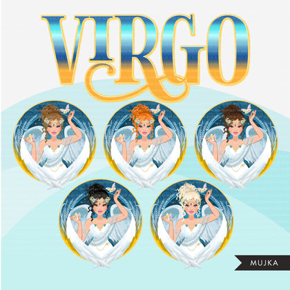 Zodiac Virgo Clipart, Png digital download, Sublimation Graphics for Cricut & Cameo, Caucasian messy bun hair Woman Horoscope sign designs