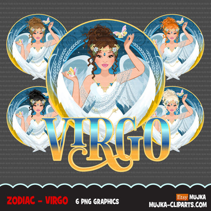 Zodiac Virgo Clipart, Png digital download, Sublimation Graphics for Cricut & Cameo, Caucasian messy bun hair Woman Horoscope sign designs