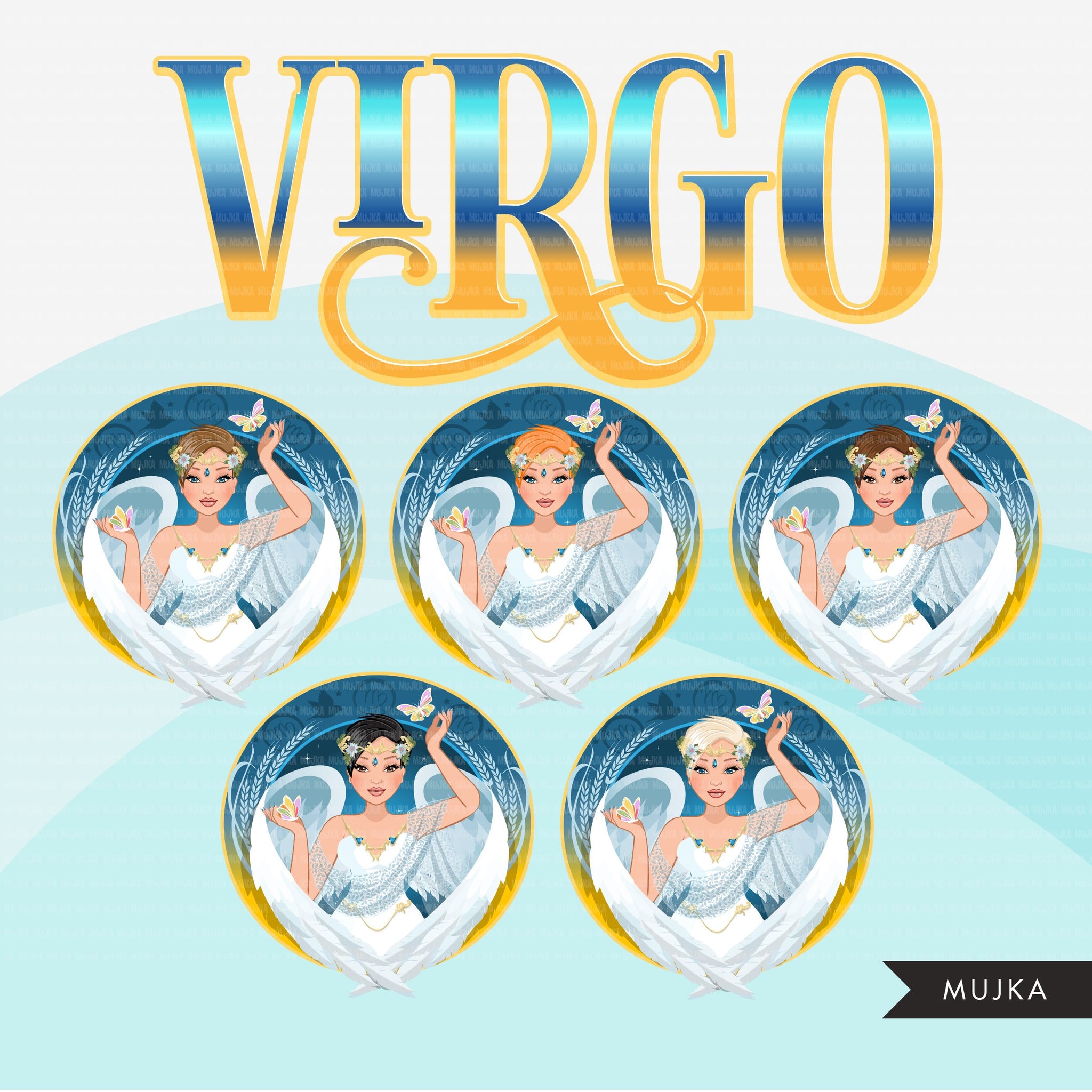 Zodiac Virgo Clipart, Descarga digital Png, Gráficos de sublimación para Cricut &amp; Cameo, diseños de signos del horóscopo de mujer de pelo de duendecillo caucásico