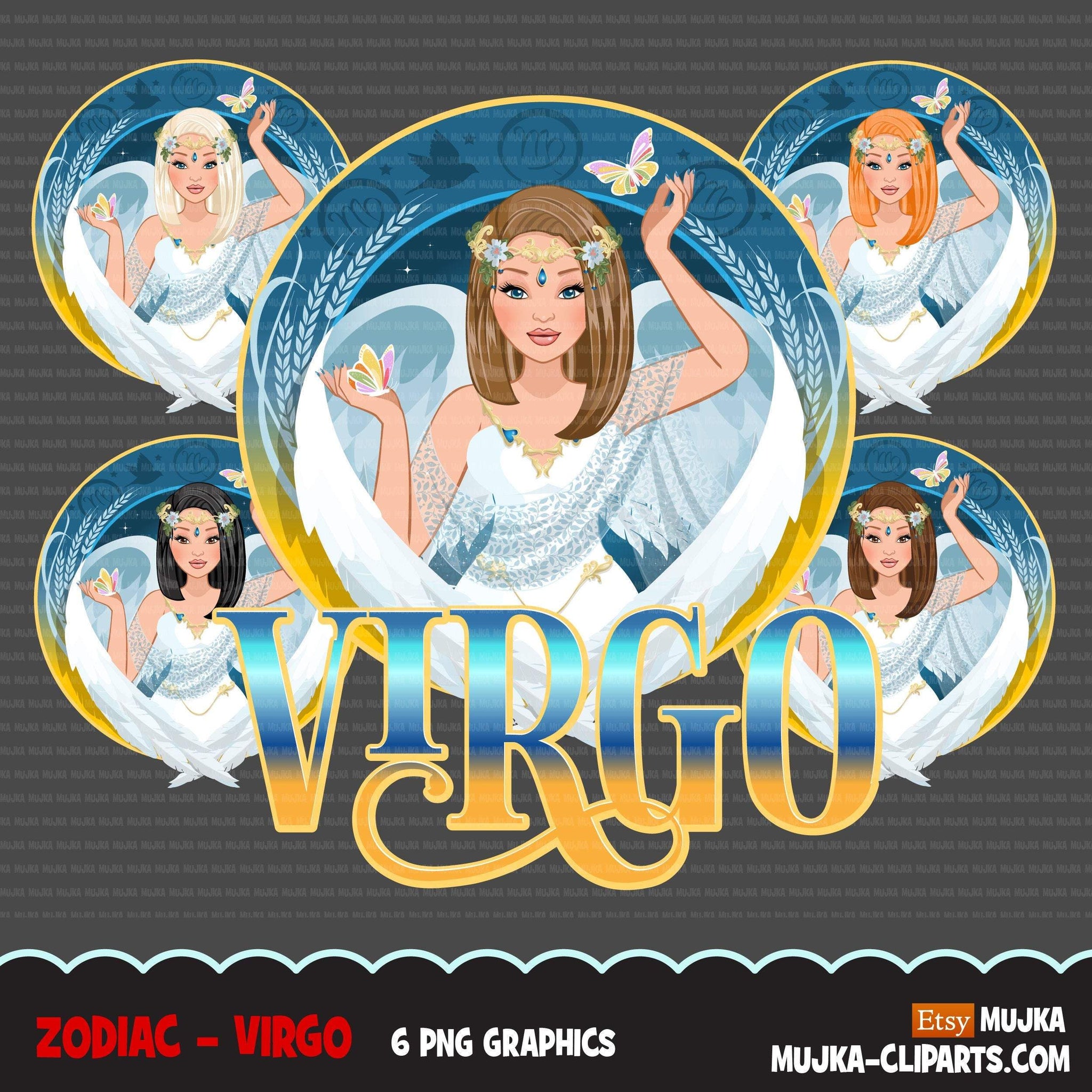 Zodiac Virgo Clipart, Descarga digital Png, Gráficos de sublimación para Cricut &amp; Cameo, diseños de signos del horóscopo de mujer de cabello lacio caucásico