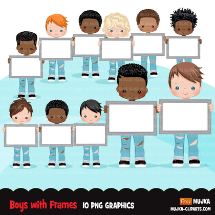 Boys holding frames Clipart, ripped jeans and boots cute kids with blank frame, sublimation Png digital clip art