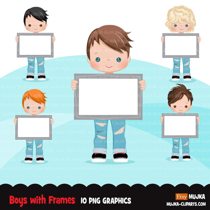 Boys holding frames Clipart, ripped jeans and boots cute kids with blank frame, sublimation Png digital clip art