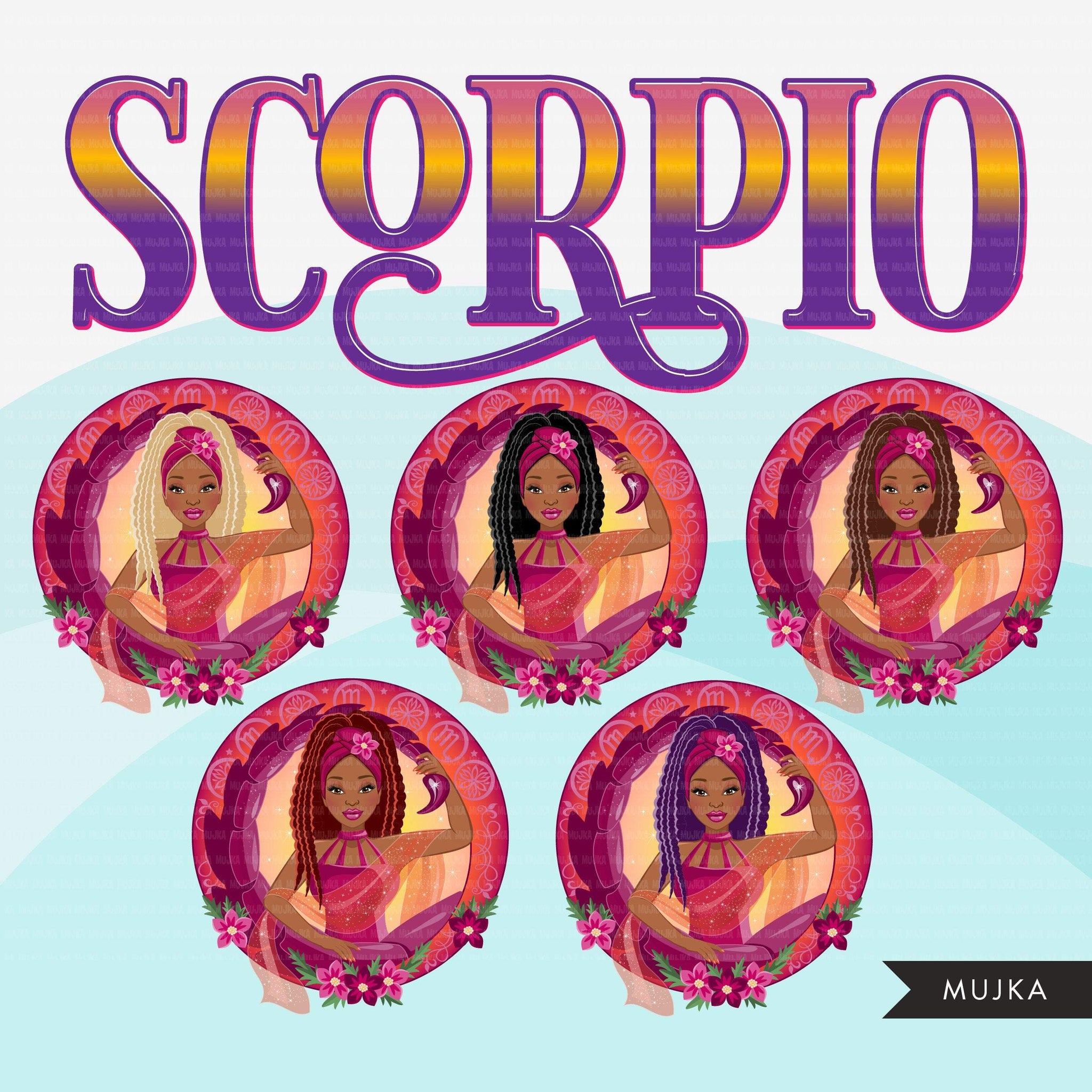 Zodiac Scorpio Clipart, Png digital download, Sublimation Graphics for Cricut & Cameo, Black braided hair Woman Horoscope sign designs