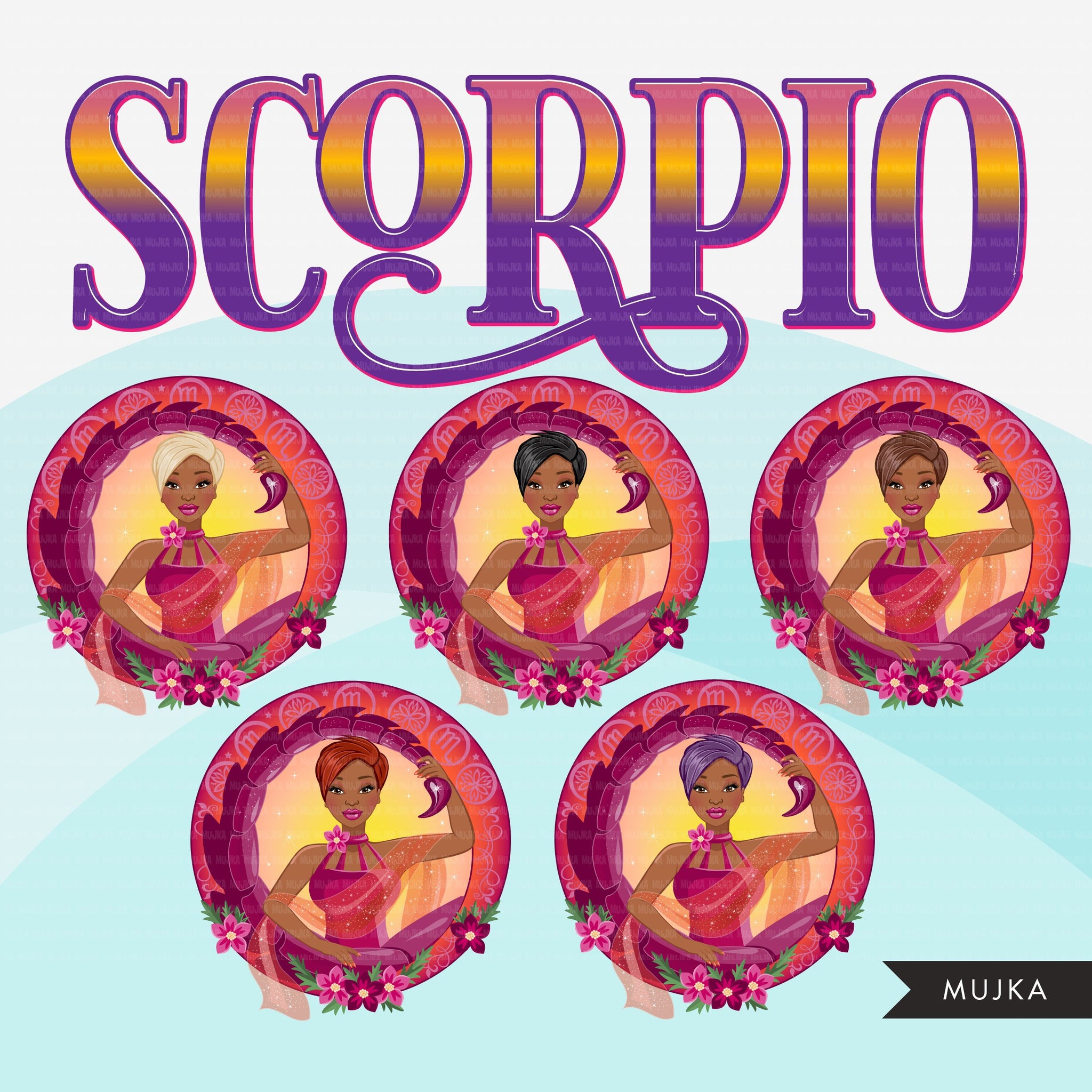 Zodiac Scorpio Clipart, Png digital download, Sublimation Graphics for Cricut & Cameo, Black pixie hair Woman Horoscope sign designs