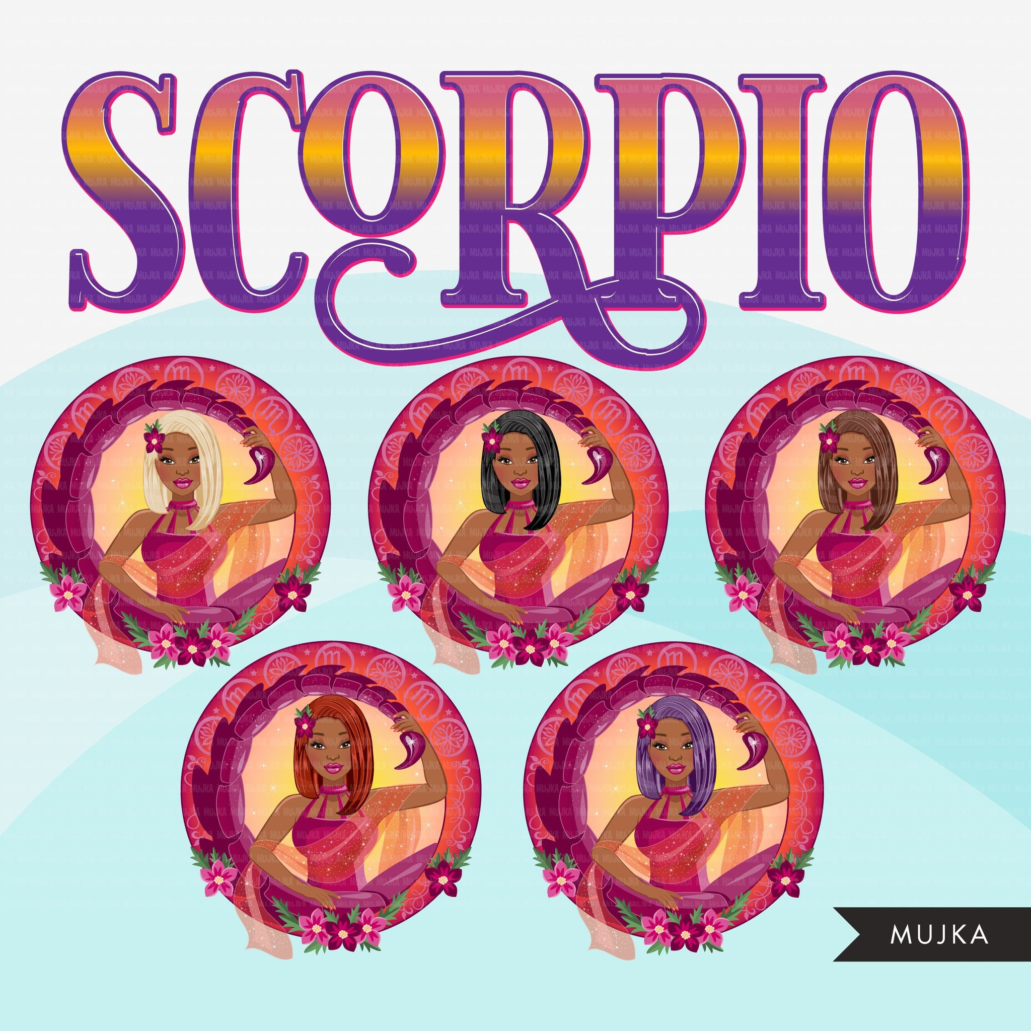 Zodiac Scorpio Clipart, Png digital download, Sublimation Graphics for Cricut & Cameo, Black straight hair Woman Horoscope sign designs