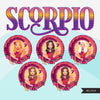 Zodiac Scorpio Clipart, Png digital download, Sublimation Graphics for Cricut & Cameo, Caucasian long hair Woman Horoscope sign designs