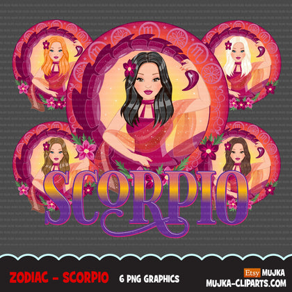 Zodiac Scorpio Clipart, Png digital download, Sublimation Graphics for Cricut & Cameo, Caucasian long hair Woman Horoscope sign designs