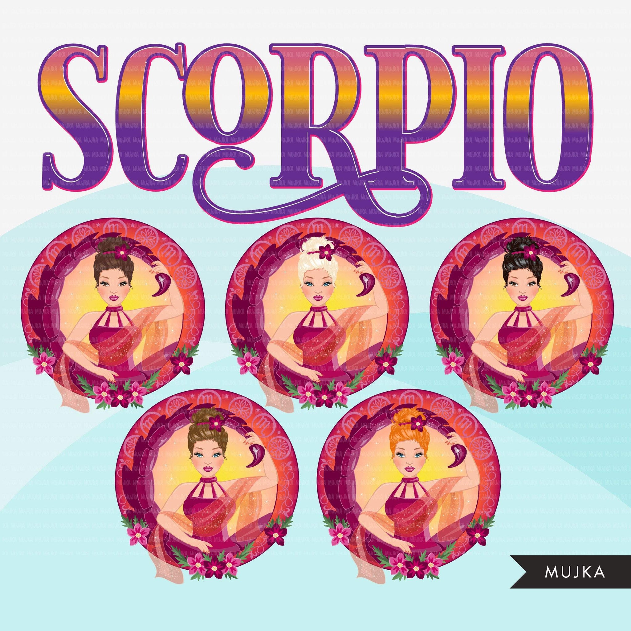 Zodiac Scorpio Clipart, descarga digital Png, gráficos de sublimación para Cricut &amp; Cameo, diseños de signos del horóscopo de mujer de moño updo caucásico