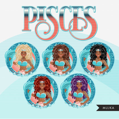 Zodiac Pisces Clipart, Png digital download, Sublimation Graphics for Cricut & Cameo, Black Afro Woman Horoscope sign designs