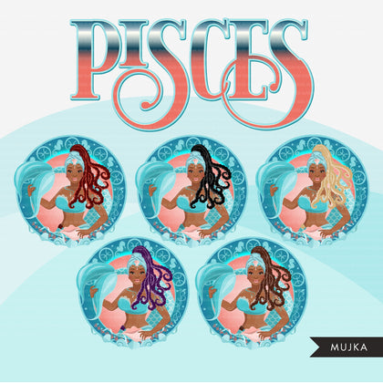 Zodiac Pisces Clipart, Png digital download, Sublimation Graphics for Cricut & Cameo, Black braided pony tail Woman Horoscope sign designs