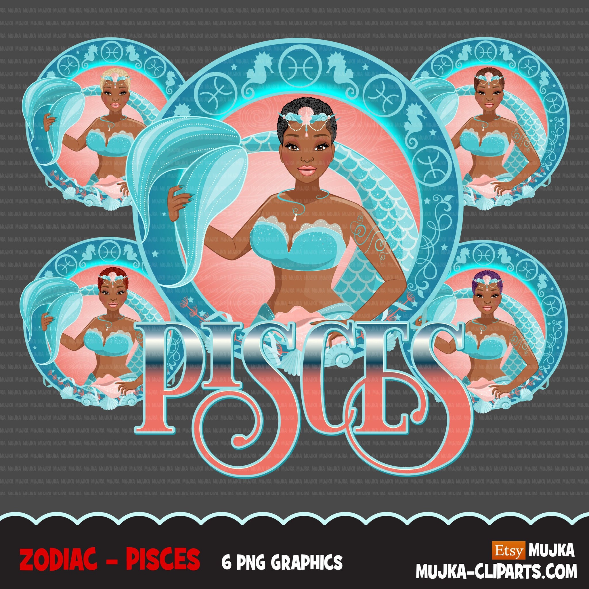 Zodiac Pisces Clipart, Png digital download, Sublimation Graphics for Cricut & Cameo, Black Woman Horoscope sign designs