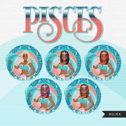 Zodiac Pisces Clipart, Png digital download, Sublimation Graphics for Cricut & Cameo, Black short straight hair Woman Horoscope sign designs