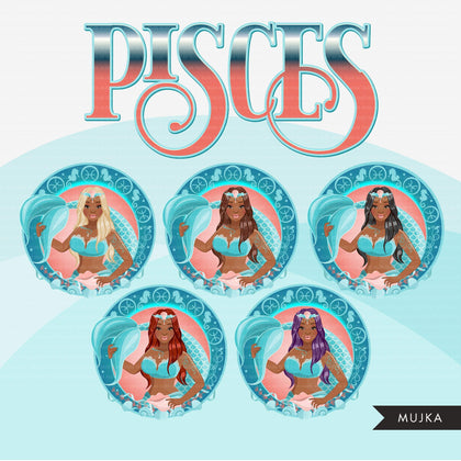 Zodiac Pisces Clipart, Png digital download, Sublimation Graphics for Cricut & Cameo, Black long hair Woman Horoscope sign designs