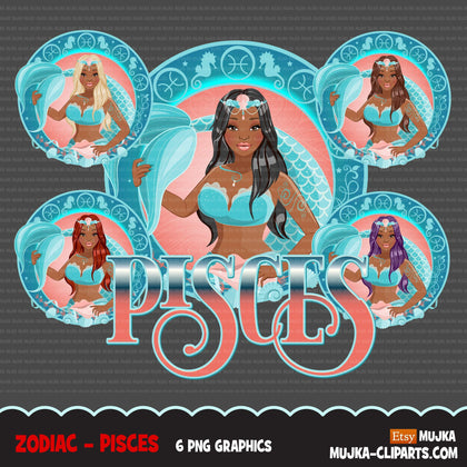 Zodiac Pisces Clipart, Png digital download, Sublimation Graphics for Cricut & Cameo, Black long hair Woman Horoscope sign designs