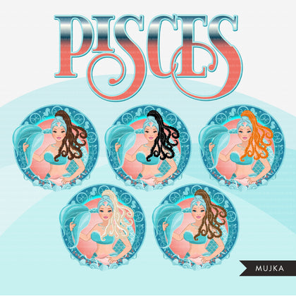 Zodiac Pisces Clipart, Png digital download, Sublimation Graphics for Cricut & Cameo, Caucasian long hair Woman Horoscope sign designs