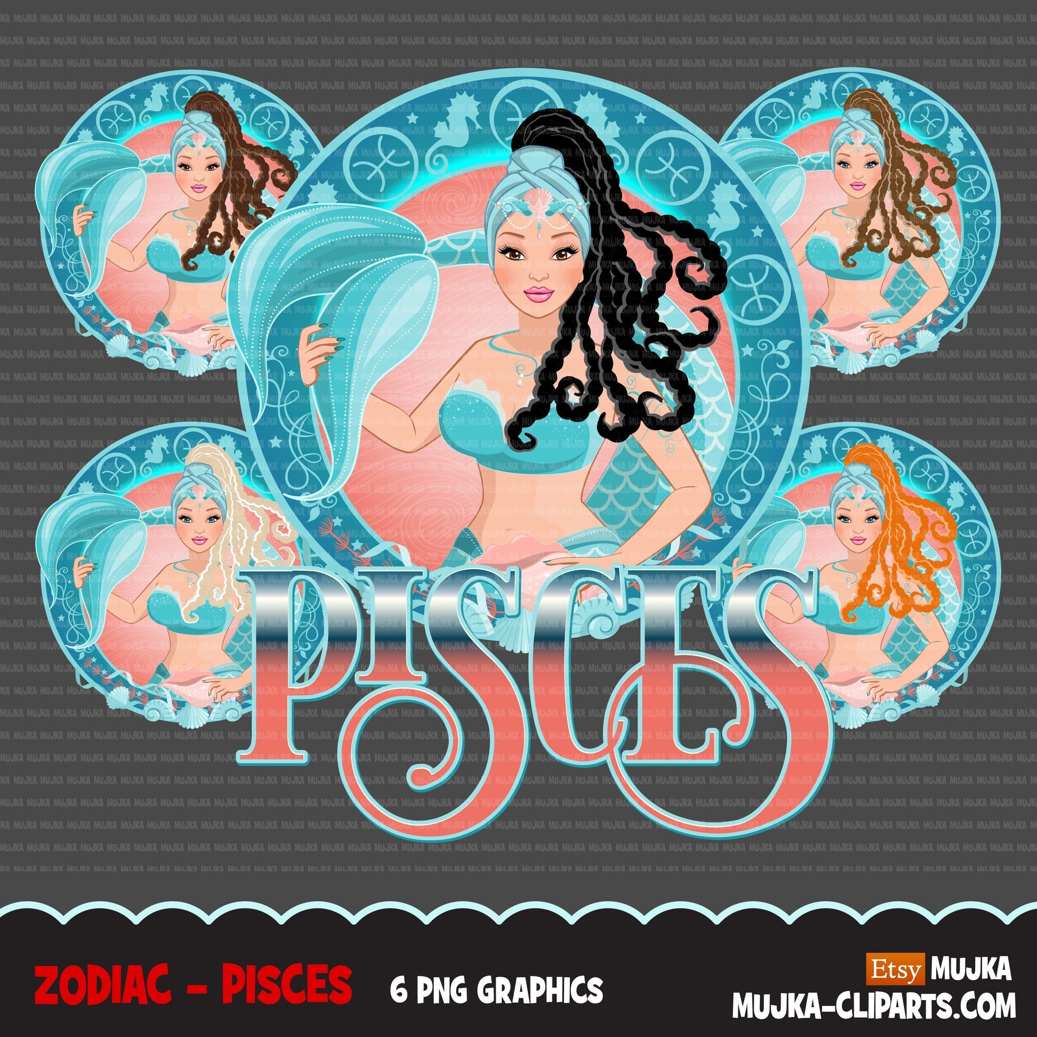 Zodiac Pisces Clipart, Png digital download, Sublimation Graphics for Cricut & Cameo, Caucasian long hair Woman Horoscope sign designs