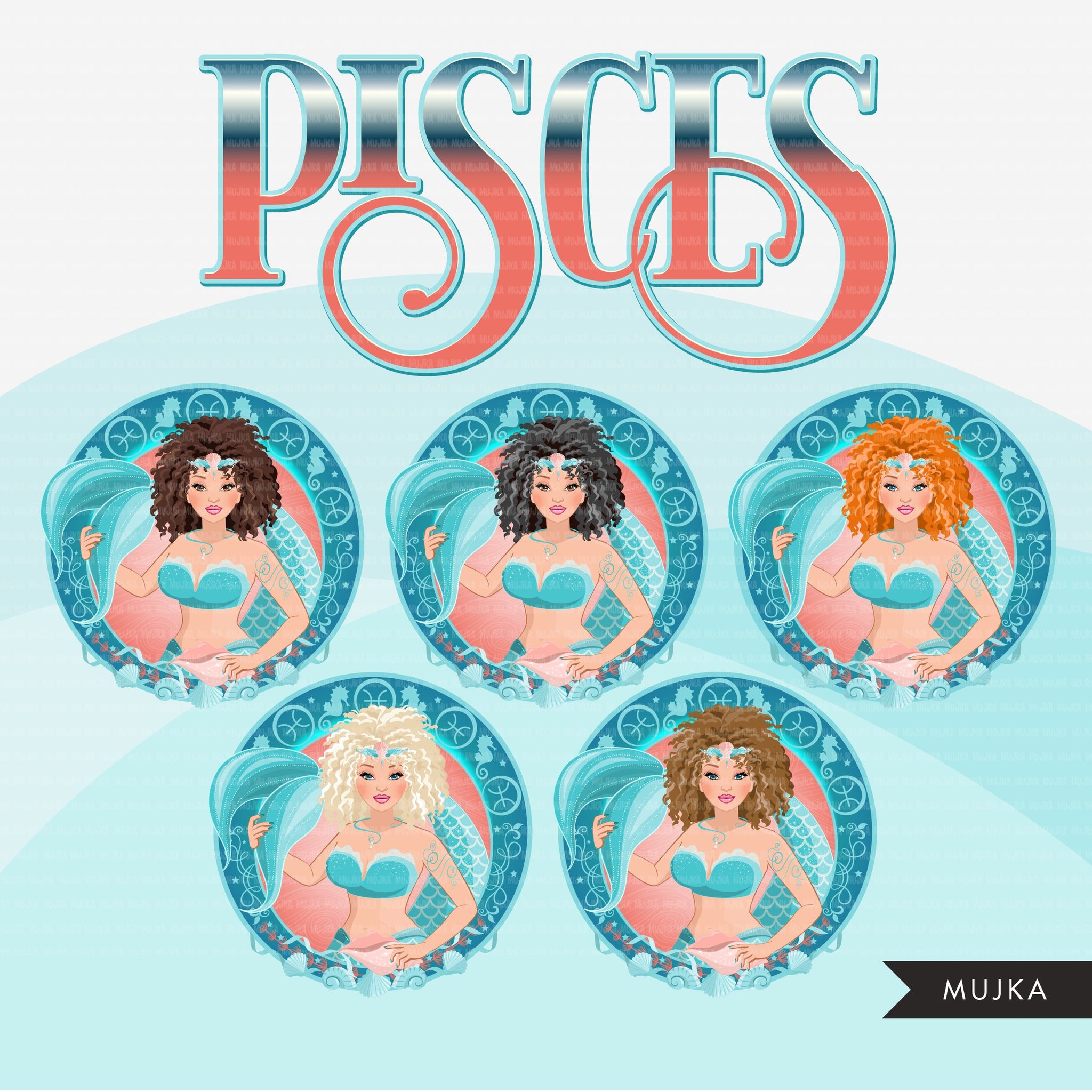 Zodiac Pisces Clipart, Png digital download, Sublimation Graphics for Cricut & Cameo, Caucasian curly hair Woman Horoscope sign designs