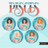 Zodiac Piscis Clipart, Descarga digital Png, Gráficos de sublimación para Cricut &amp; Cameo, diseños de signos del horóscopo de mujer de cabello rizado caucásico