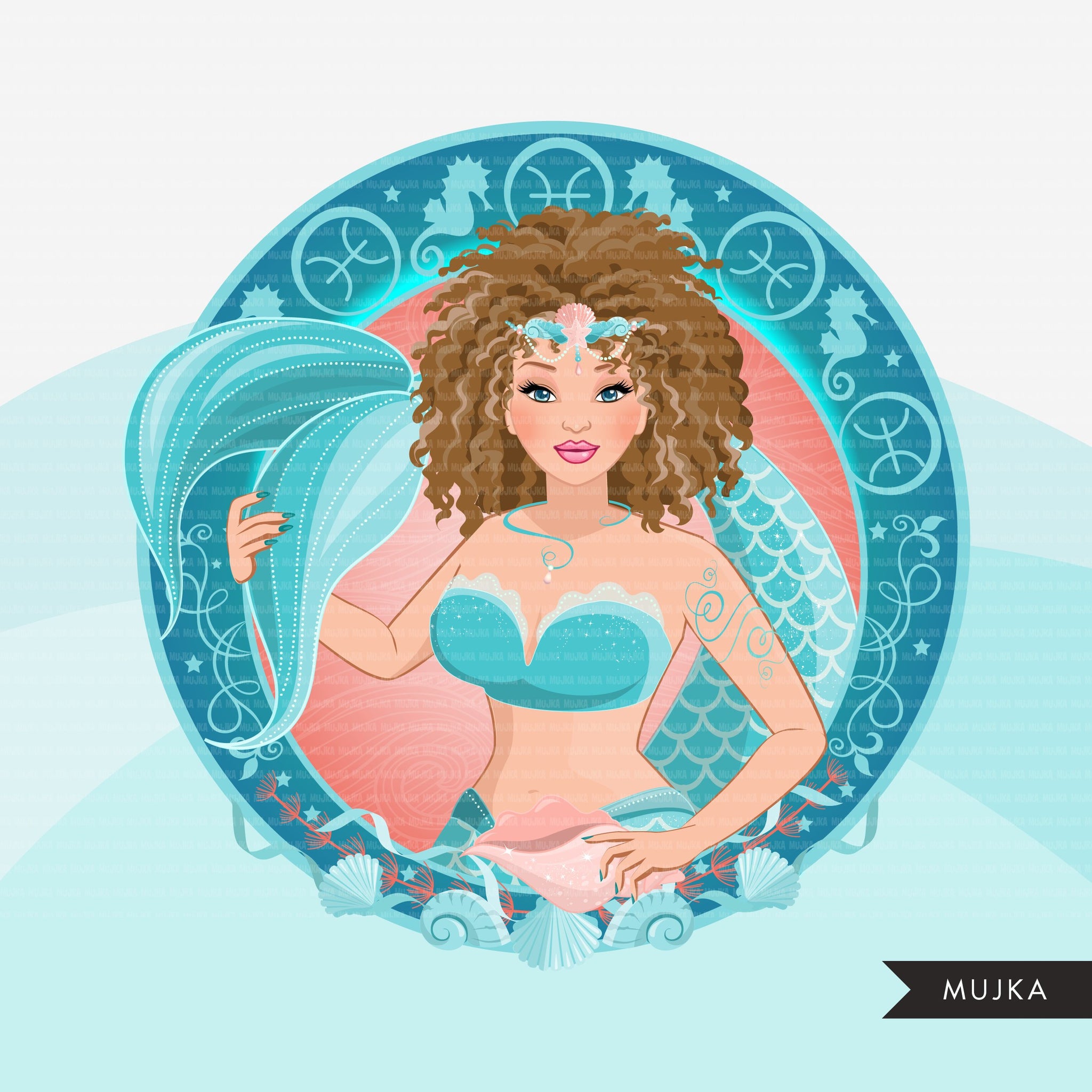 Zodiac Pisces Clipart, Png digital download, Sublimation Graphics for Cricut & Cameo, Caucasian curly hair Woman Horoscope sign designs