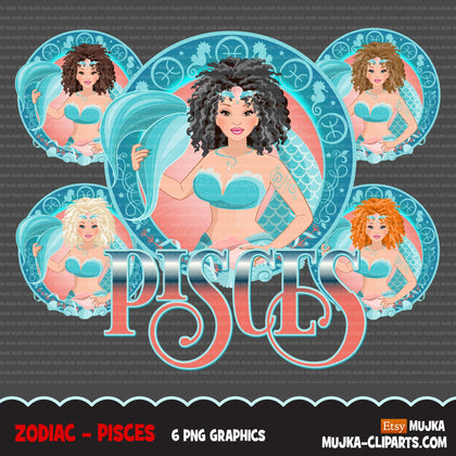 Zodiac Pisces Clipart, Png digital download, Sublimation Graphics for Cricut & Cameo, Caucasian curly hair Woman Horoscope sign designs