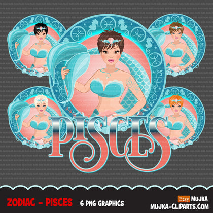 Zodiac Pisces Clipart, Png digital download, Sublimation Graphics for Cricut & Cameo, Caucasian pixie hair Woman Horoscope sign designs