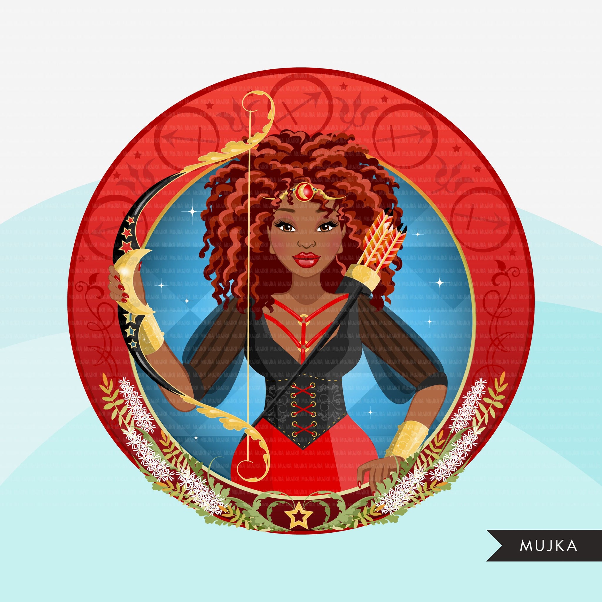 Zodiac Sagittarius Clipart, Png digital download, Sublimation Graphics for Cricut & Cameo, Black Afro Woman Horoscope sign designs