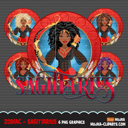 Zodiac Sagittarius Clipart, Png digital download, Sublimation Graphics for Cricut & Cameo, Black Afro Woman Horoscope sign designs