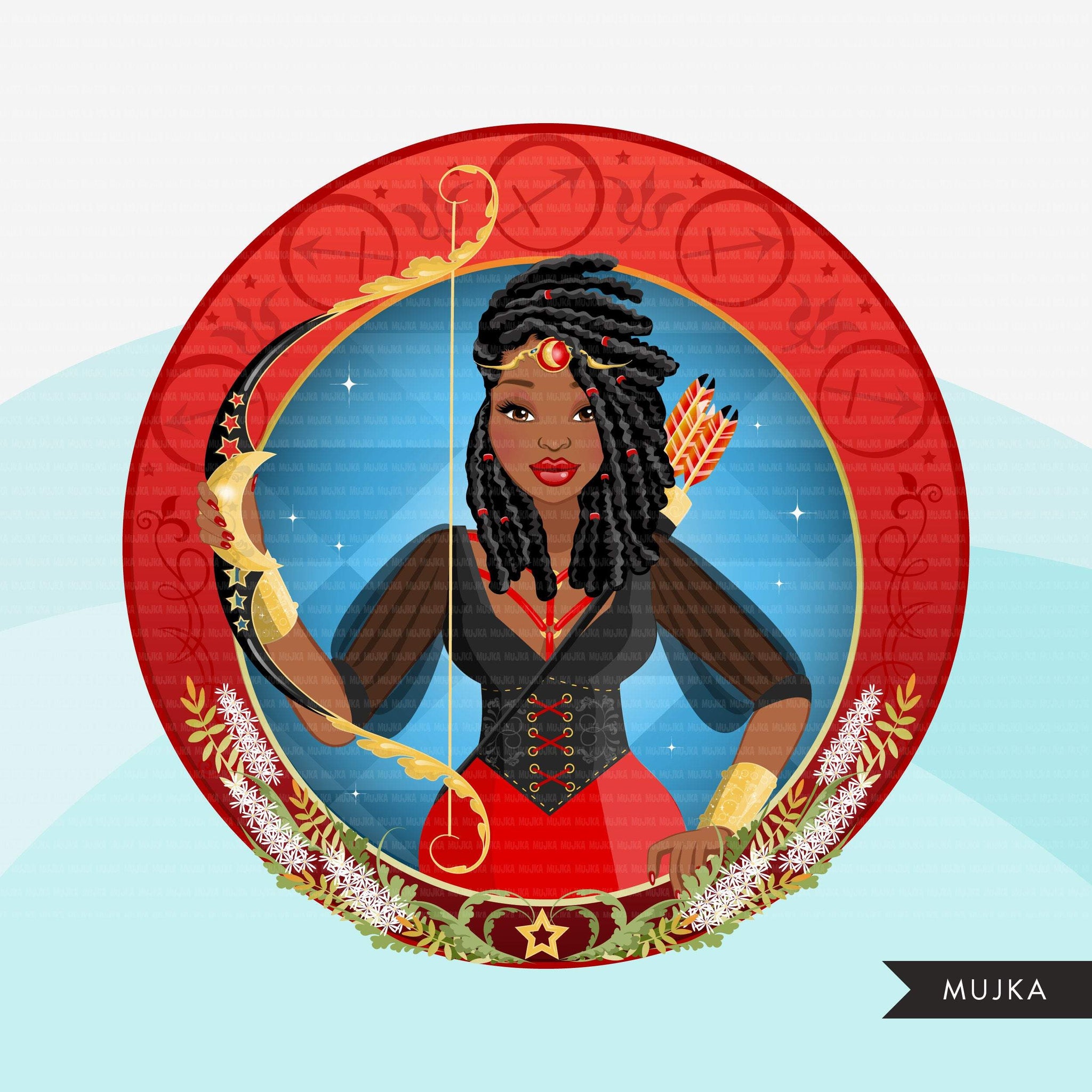 Zodiac Sagittarius Clipart, Png digital download, Sublimation Graphics for Cricut & Cameo, Black dreads Afro Woman Horoscope sign designs