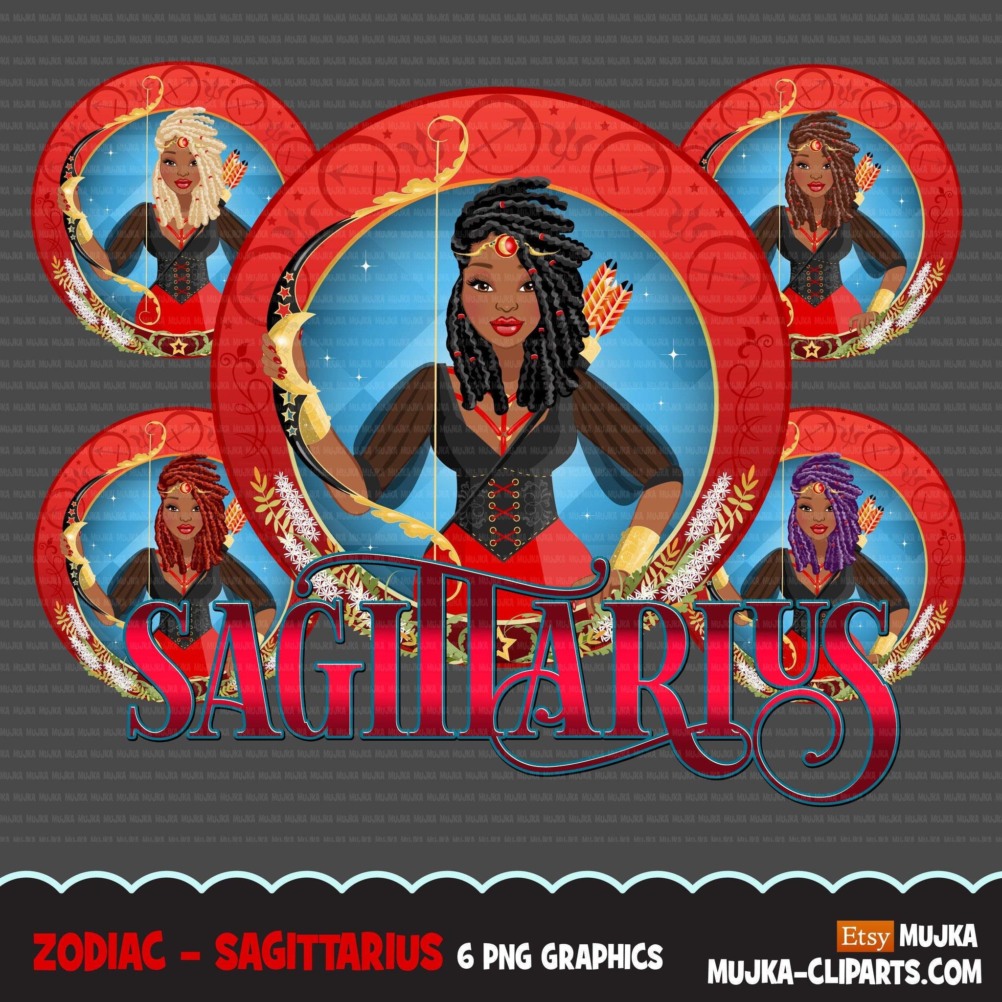 Zodiac Sagittarius Clipart, Png digital download, Sublimation Graphics for Cricut & Cameo, Black dreads Afro Woman Horoscope sign designs