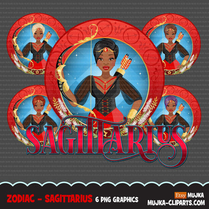 Zodiac Sagittarius Clipart, Png digital download, Sublimation Graphics for Cricut & Cameo, Black pixie hair Woman Horoscope sign designs