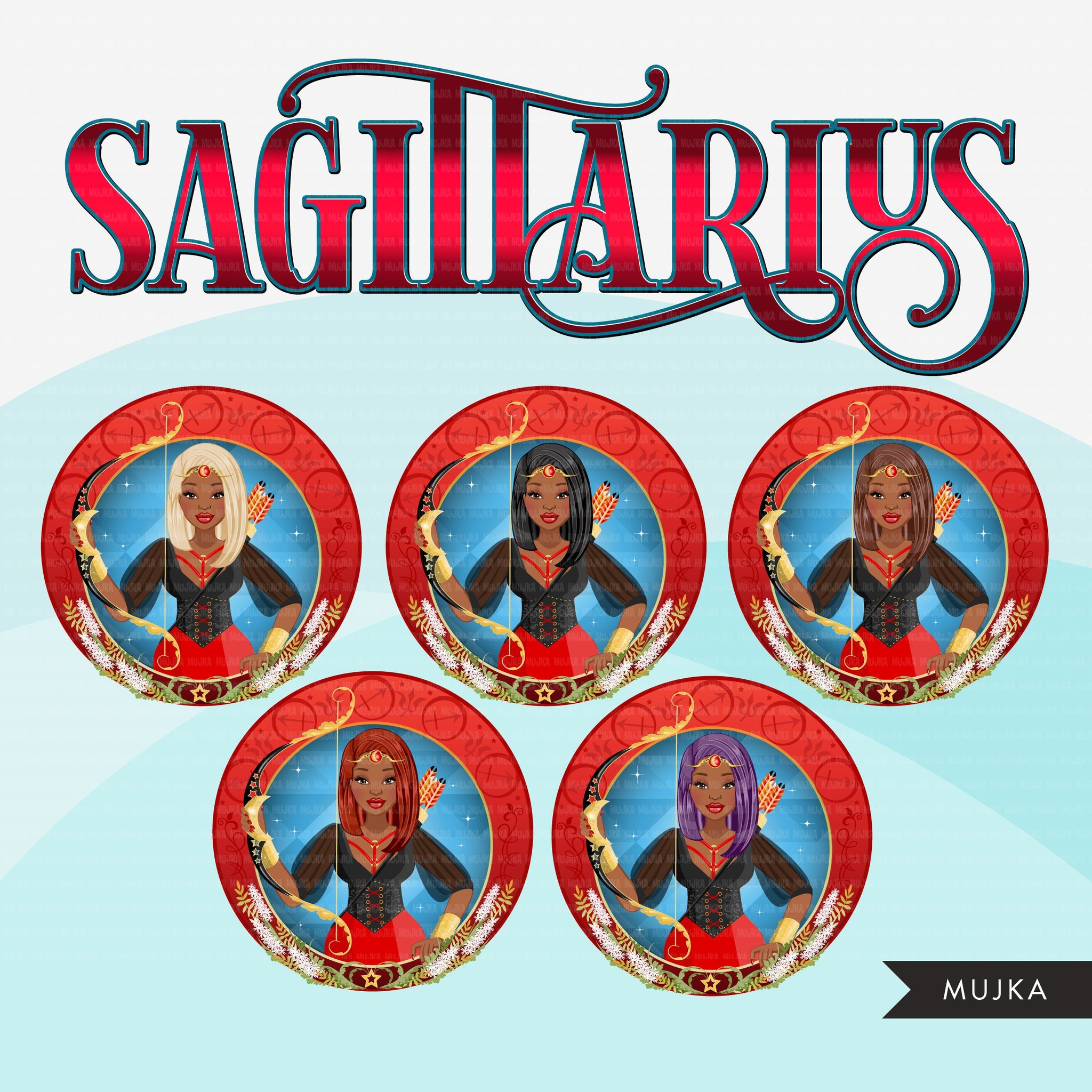 Clipart do Zodíaco Sagitário, download digital Png, gráficos de sublimação para Cricut e Cameo, cabelos lisos pretos com designs de signos do horóscopo feminino